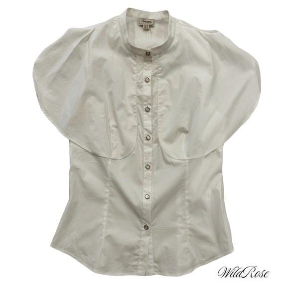 TEMPERLEY LONDON WHITE COTTON BUTTON UP BLOUSE FLARED SHOULDERS SZ 8 FITS US 4 - Picture 7 of 16